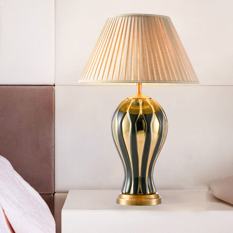 Retro Porcelain Desk Lamp With Black-Gold Vase Design Base And Conic Fabric Shade - Perfect For