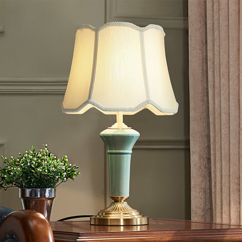 Blue Porcelain Desk Lamp With Ruffle-Edged Fabric Shade Traditional Column Base 1 Light