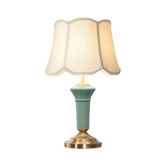 Blue Porcelain Desk Lamp With Ruffle-Edged Fabric Shade Traditional Column Base 1 Light