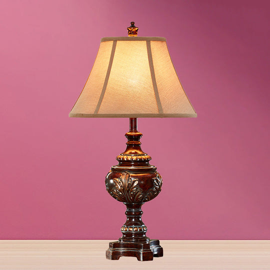 Traditional Style Brown Fabric Nightstand Lamp With Bell Shade - Ideal Bedside Desk Light