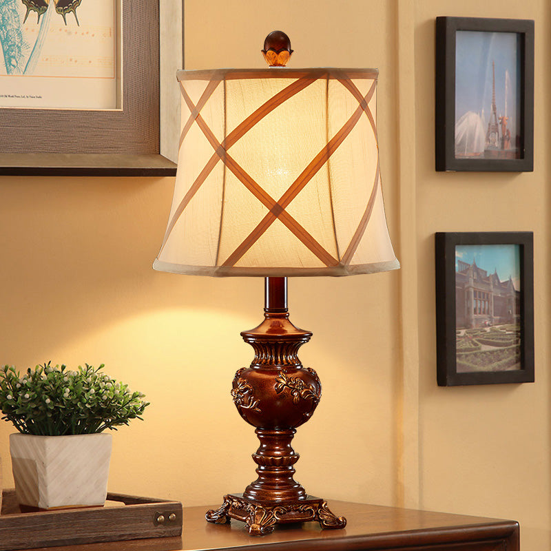 Vintage Resin Table Lamp: Brown Urn Base Desk Light With Fabric Shade