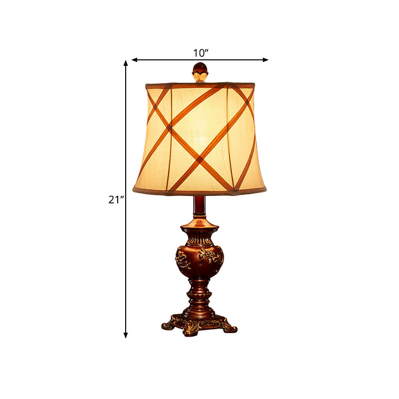 Vintage Resin Table Lamp: Brown Urn Base Desk Light With Fabric Shade