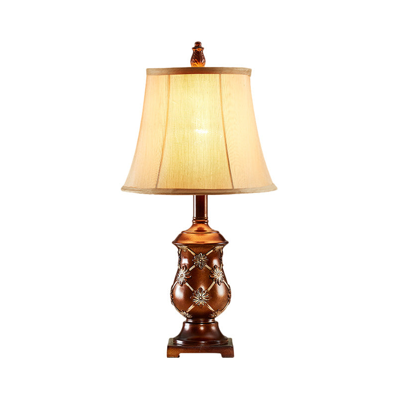 Traditional Style Brown Fabric Bell Shade Nightstand Lamp With Urn Base - 1-Bulb Desk Light