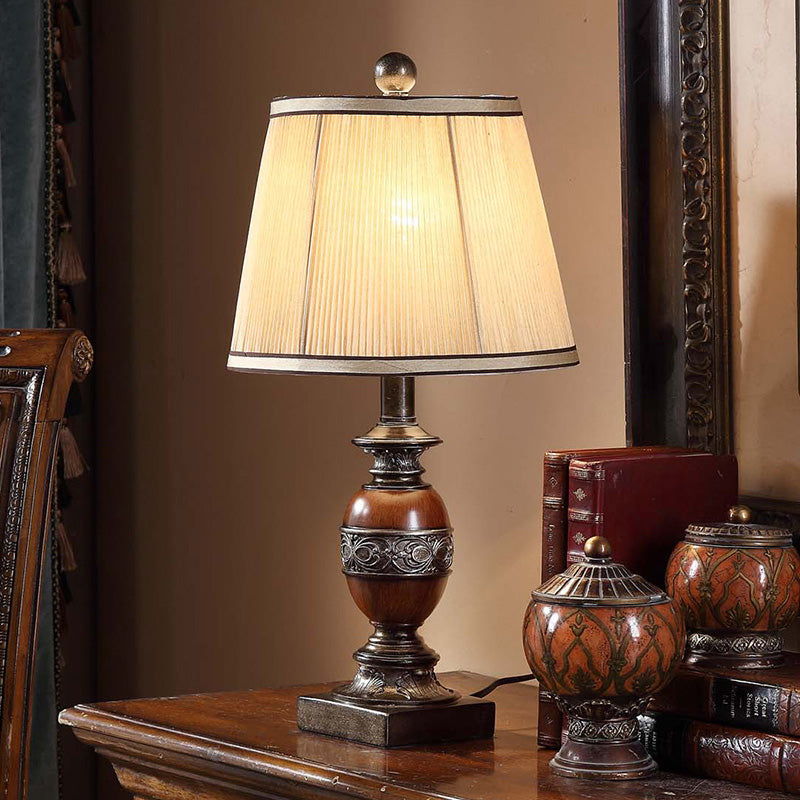 Vintage Style Fabric Brown Night Stand Lamp With Conical Shade - 1 Light Table For Guest Room