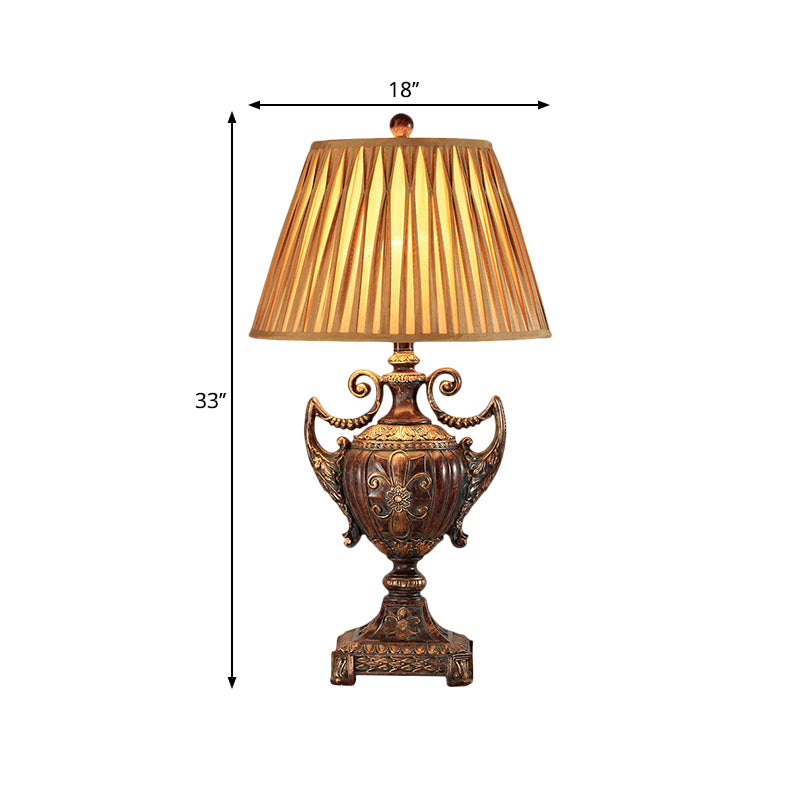 Traditional Pleated Conical Shade Table Lamp - Brown Fabric 1 Bulb Desk Light For Living Room

Note: