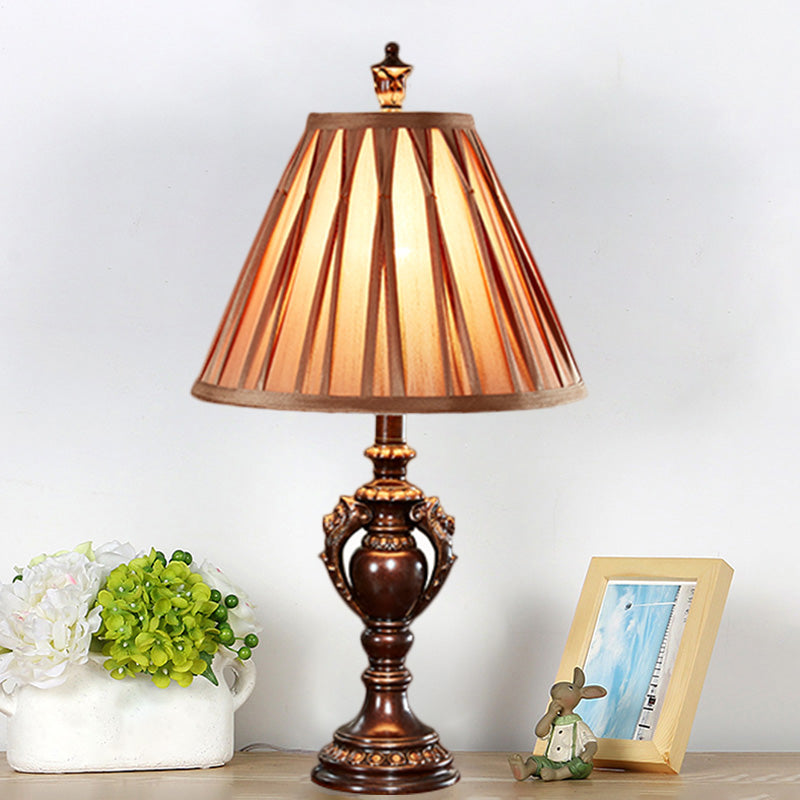 23/27 Vintage Fabric Table Lamp - Antique Brown Tone Conical Shape Living Room Nightstand Decor / 23