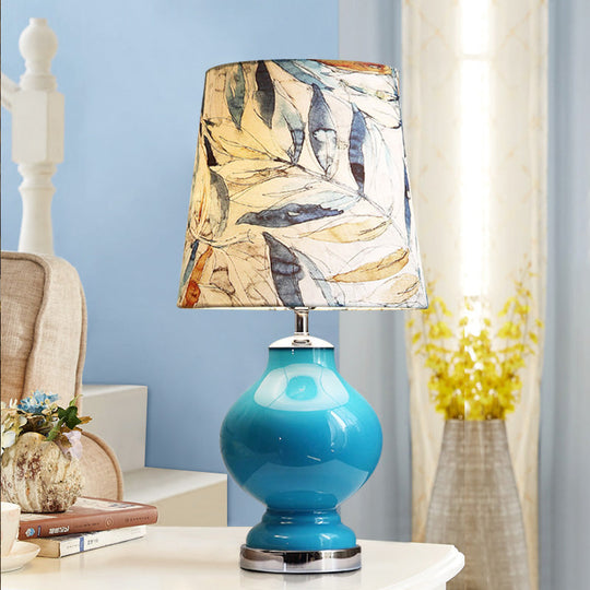 Blue Conical Shade Fabric Desk Lamp - Traditional Style 1 Bulb Bedroom Or Nightstand Lighting