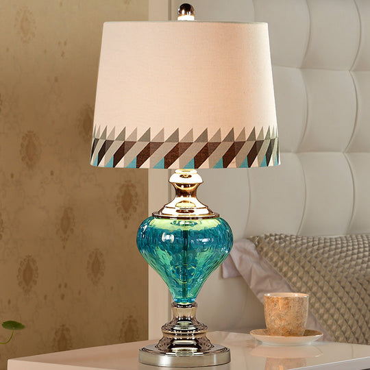 Retro Style Blue Glass Nightstand Lamp With Fabric Shade - 1 Light Bedside Table