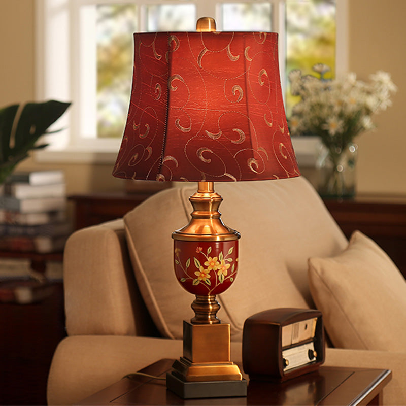 Red Fabric Nightstand Lamp With Empire Shade - Countryside Style Table Light For Bedroom