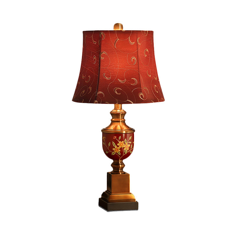 Red Fabric Nightstand Lamp With Empire Shade - Countryside Style Table Light For Bedroom
