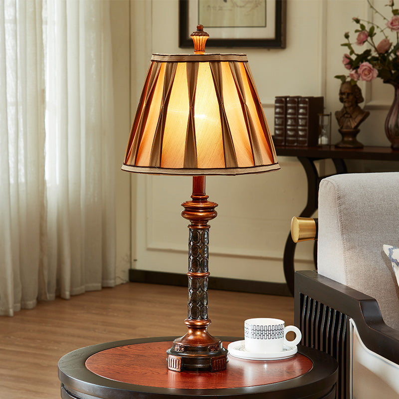 Antiqued Style Resin Night Stand Lamp With Fluted Column Base Bulb And Fabric Shade Brown