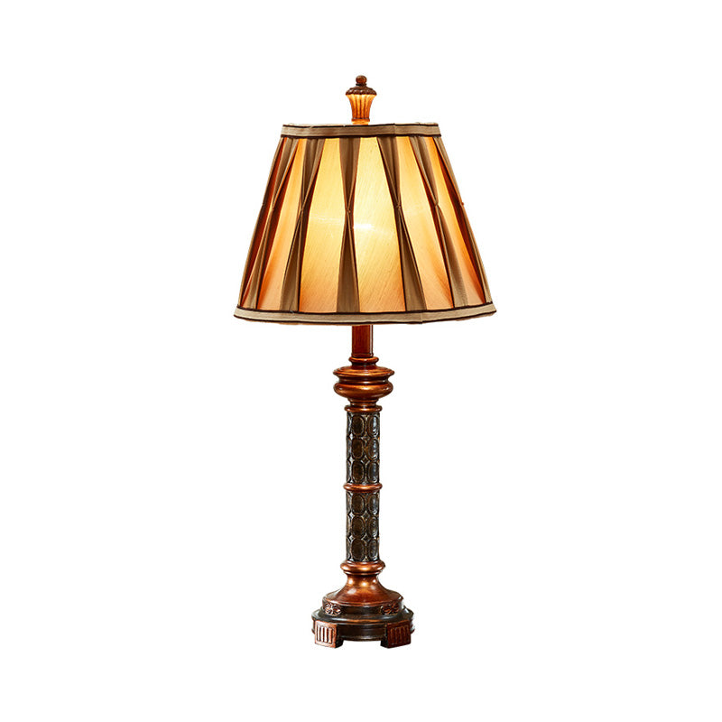 Antiqued Style Resin Night Stand Lamp With Fluted Column Base Bulb And Fabric Shade