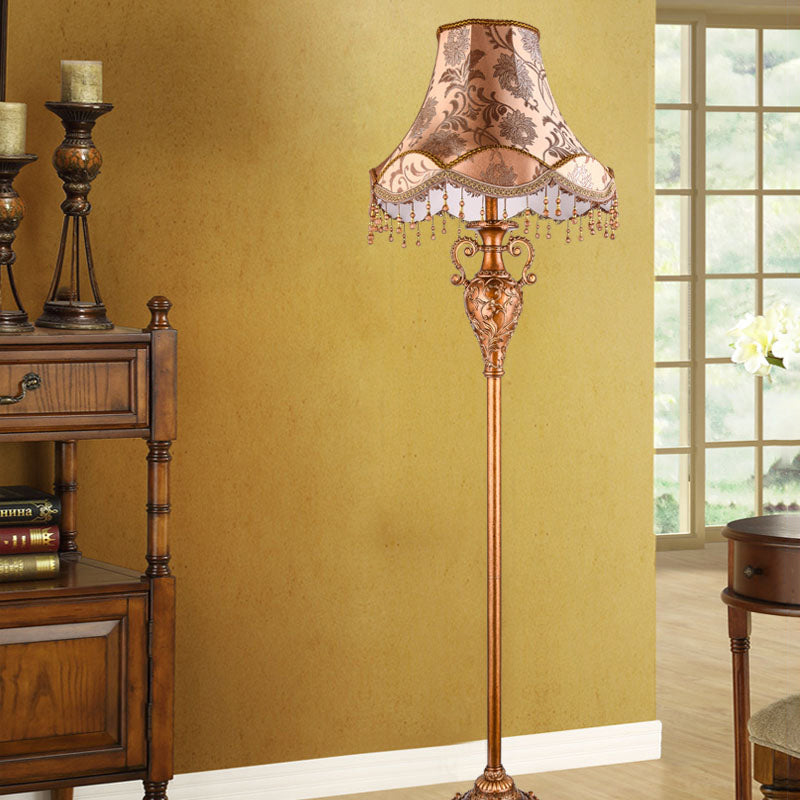 Rural Style Gold Floor Lamp With Cascading Design - 1-Bulb Tapered Shade Fabric Light