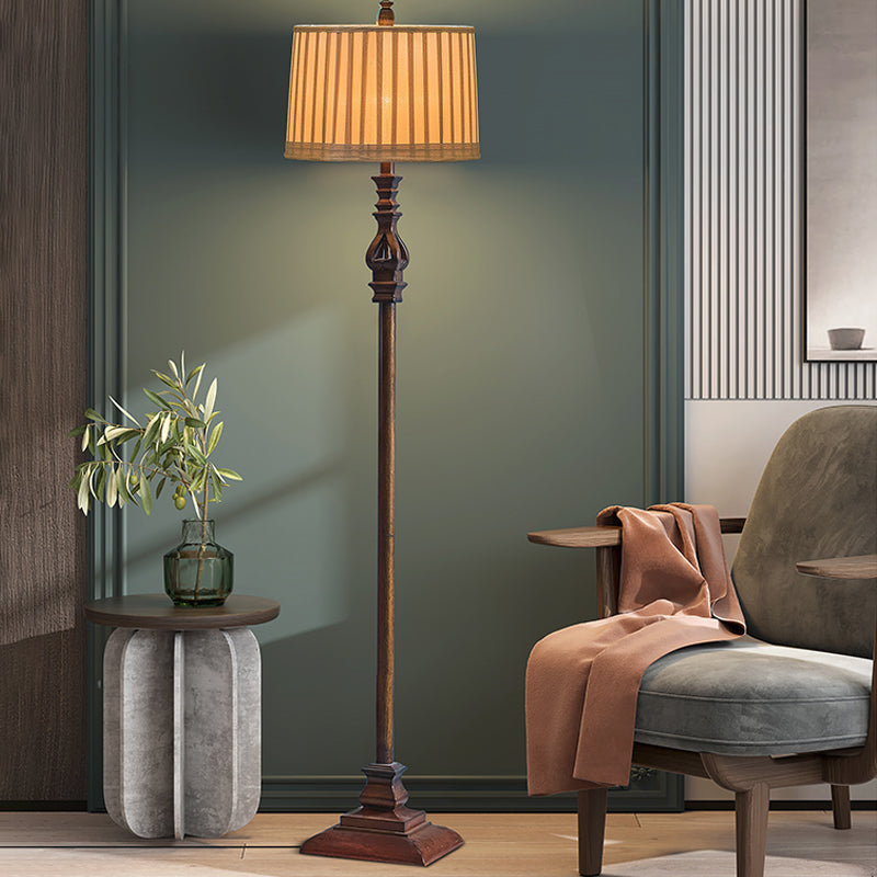 Retro Square Pedestal Floor Lamp: 1-Light Resin Light In Brown With Pleated Fabric Shade