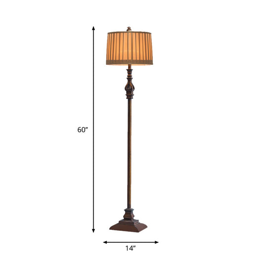 Retro Square Pedestal Floor Lamp: 1-Light Resin Light In Brown With Pleated Fabric Shade