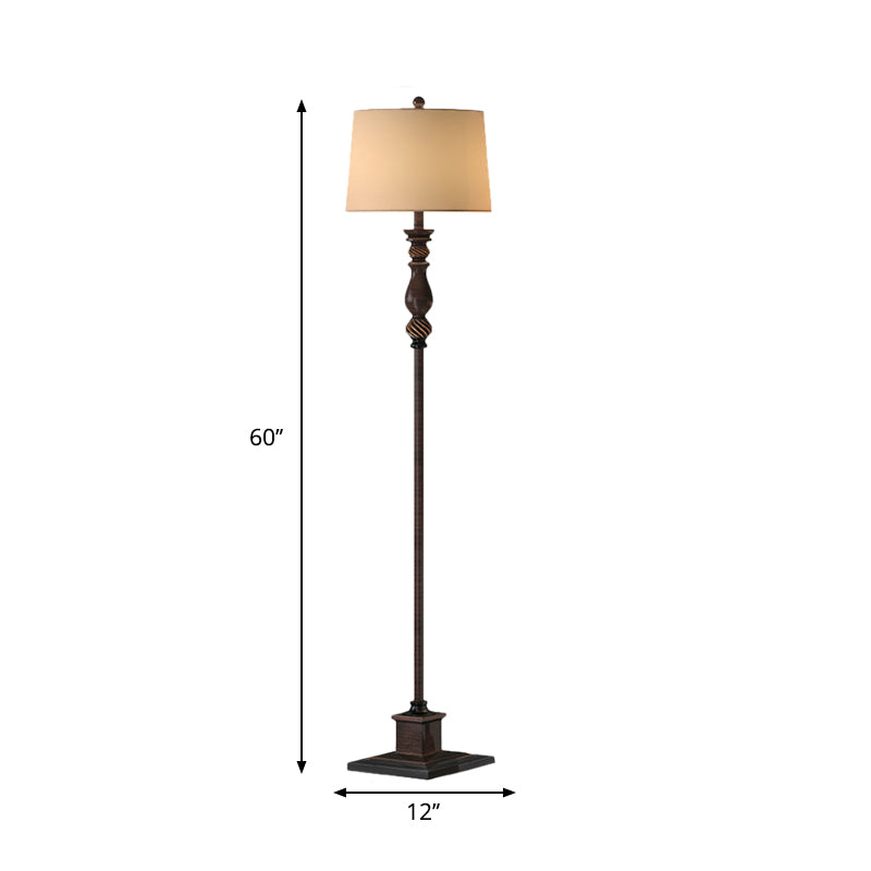 Retro Style 1-Head Resin Reading Floor Lamp - Brown Carved Design With Fabric Shade For Study Room