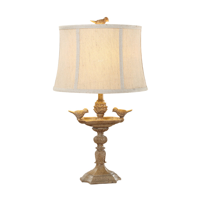 Resin Bird Base Desk Light - 1 Head Table Lamp In Brown With Fabric Shade