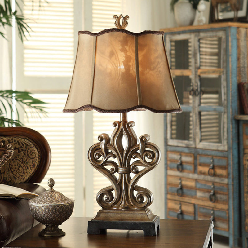 Rustic Style Table Lamp With Ruffle-Edged Shade - Brown 1 Bulb Square Pedestal Perfect For Guest