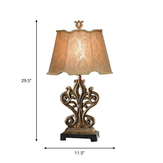 Rustic Style Table Lamp With Ruffle-Edged Shade - Brown 1 Bulb Square Pedestal Perfect For Guest