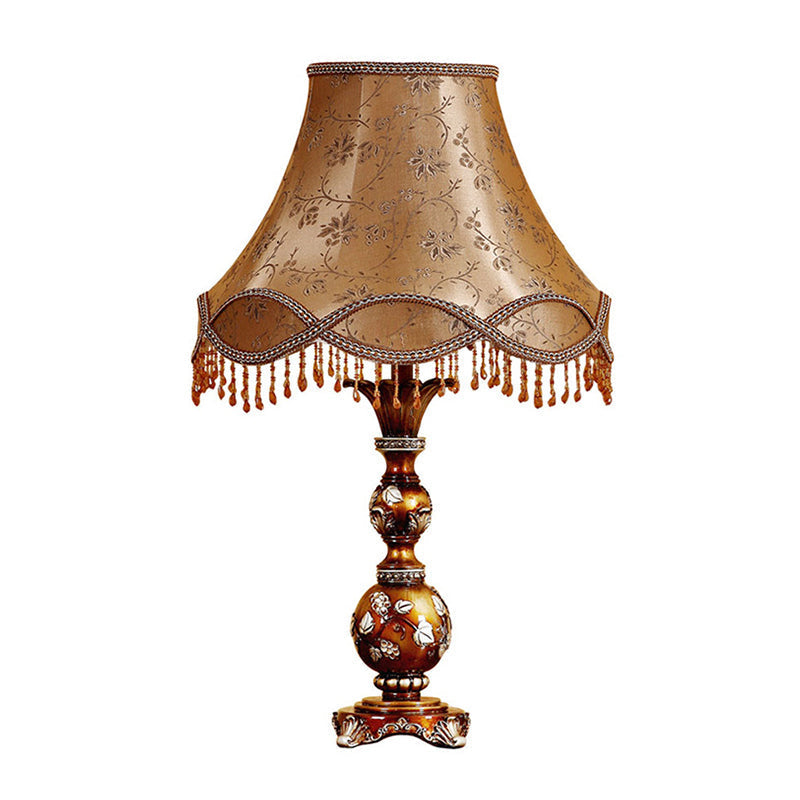 Brown Tapered Shade Table Lamp - 13/18 Height Traditional Fabric Leaf Design Ideal For Living Room