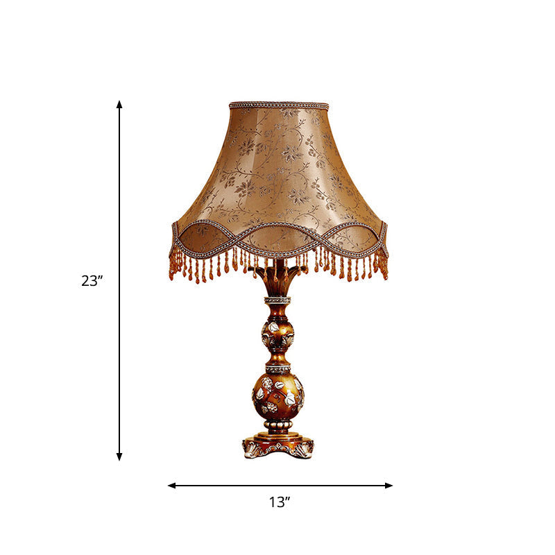 Brown Tapered Shade Table Lamp - 13/18 Height Traditional Fabric Leaf Design Ideal For Living Room