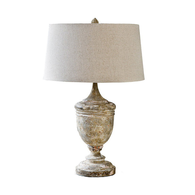 Distressed White Retro Style Desk Lamp With Fabric Shade And Urn Base
