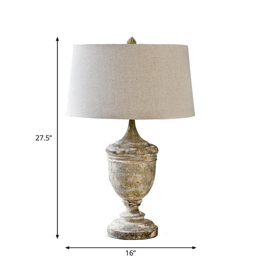 Distressed White Retro Style Desk Lamp With Fabric Shade And Urn Base