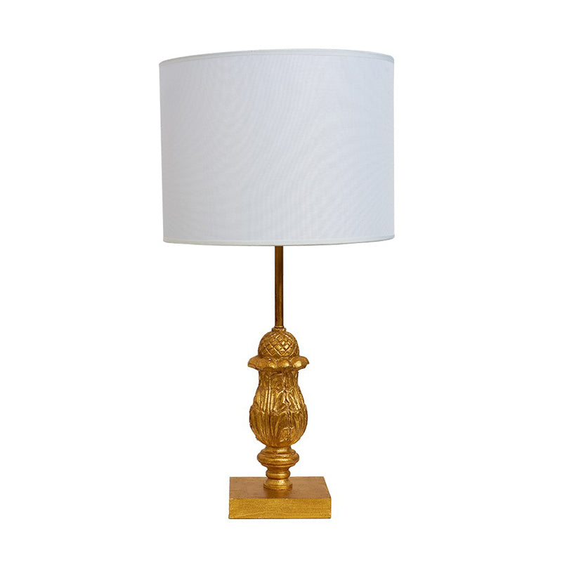 Traditional Style Wooden Desk Lamp With Gold Carvings Fabric Shade - Guest Room Nightstand Light