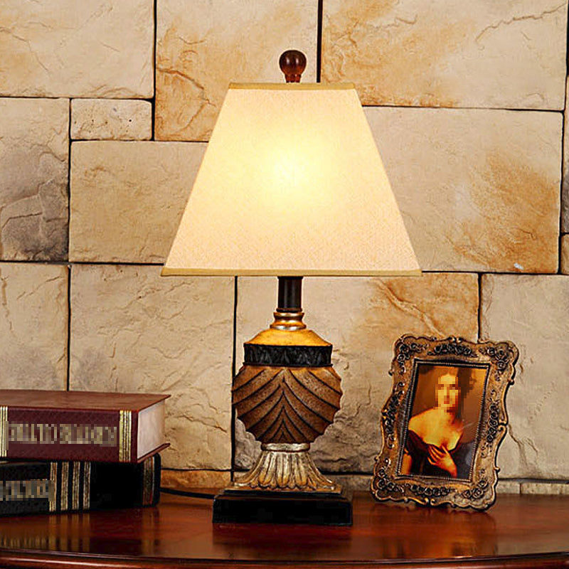 Countryside Resin Table Lamp With Urn-Shaped Base Brown Finish 1 Head And Conical Fabric Shade