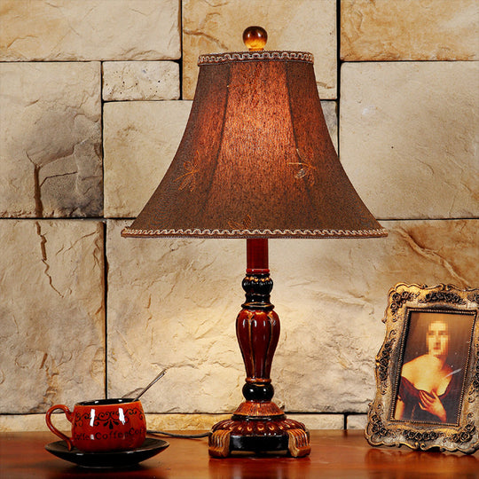 Dragonfly Pattern Desk Lamp In Red Brown With Fabric Bell Shade Rural Style Table Light