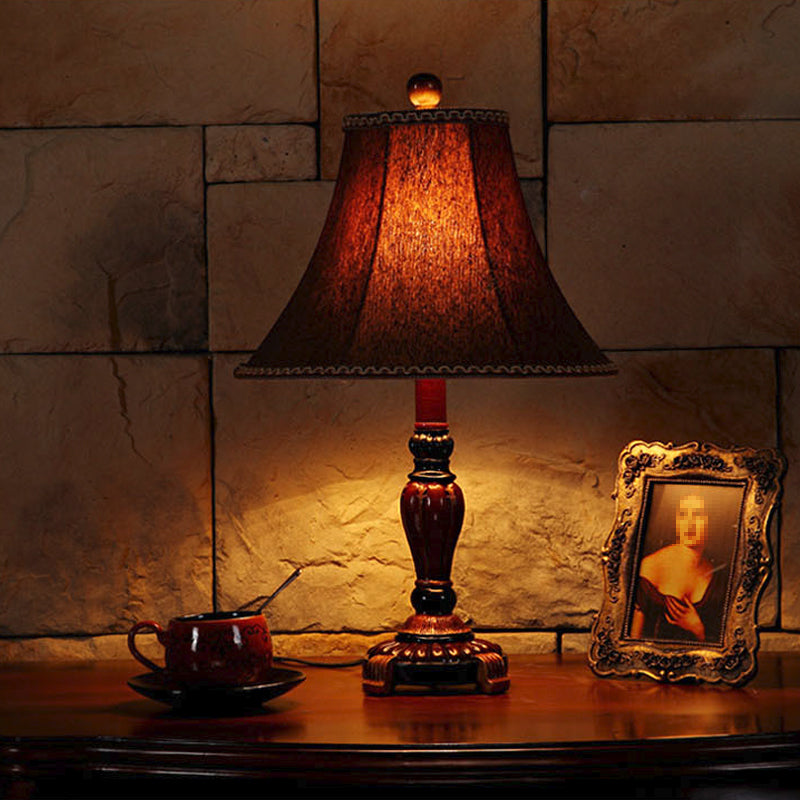 Dragonfly Pattern Desk Lamp In Red Brown With Fabric Bell Shade Rural Style Table Light