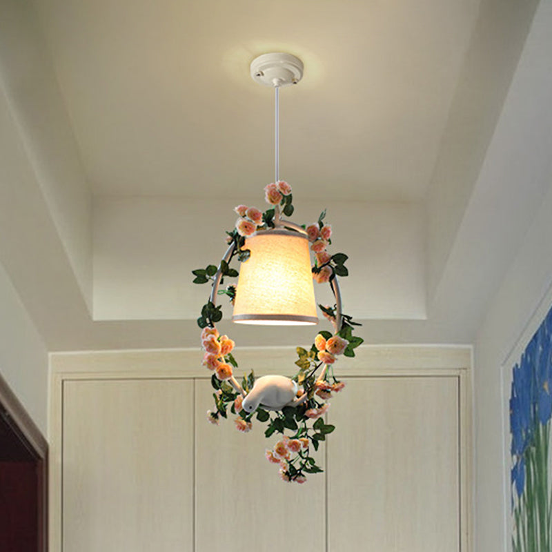 Floral & Bird Design Conic Shade Pendulum Light With Countryside Fabric For Corridor Suspension