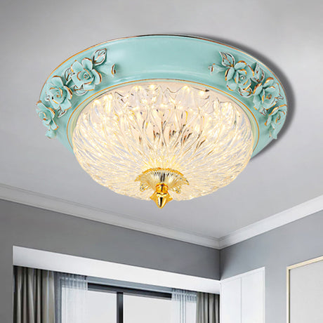 Retro Style Led Flush Ceiling Lamp In Blue For Dining Room - Bowl Up Design Clear Glass 11/15 W