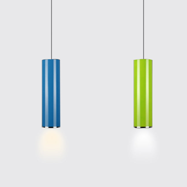 Sleek 11"/19"/23.5" H Blue/Green Metal Cylinder Pendant Lamp - Simple Style, 1 Head Bar Hanging Light in Warm/White