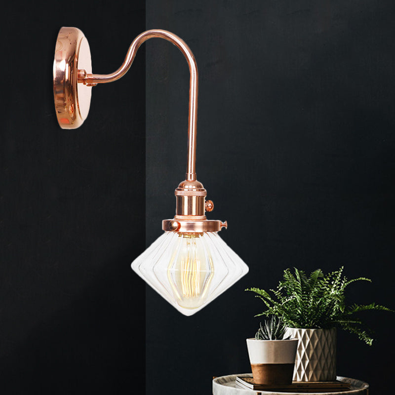 Clear/Amber Glass Copper Diamond Sconce Light - Farmhouse Wall Fixture For Bedroom Clear