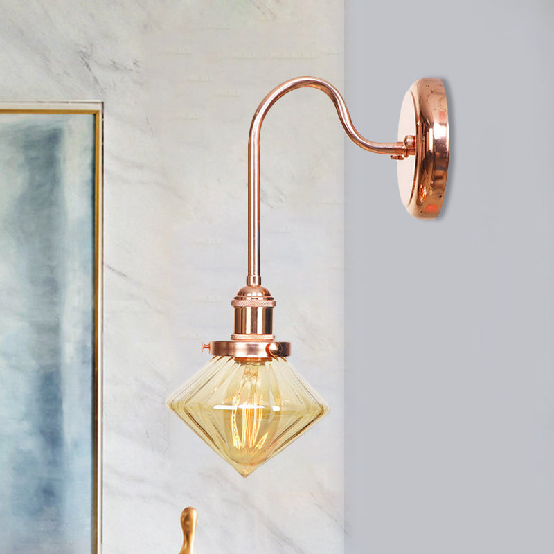 Clear/Amber Glass Copper Diamond Sconce Light - Farmhouse Wall Fixture For Bedroom Amber