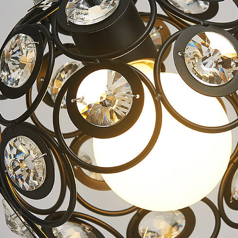 Modern Crystal Dome Pendant Lamp with Metal Cage Design - 1/3 Lights - White/Black - Round/Linear Canopy