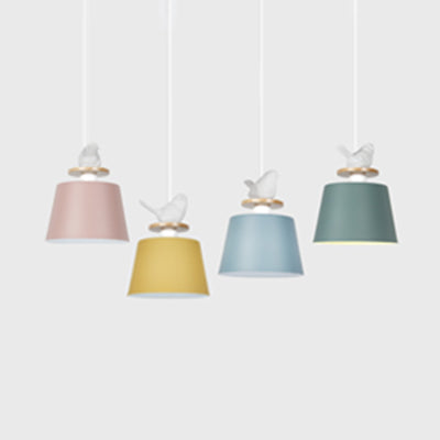 Macaron Pendant Light with Bird Deco for Kid's Bedroom - Aluminum Shade, 1 Bulb Hanging Lamp