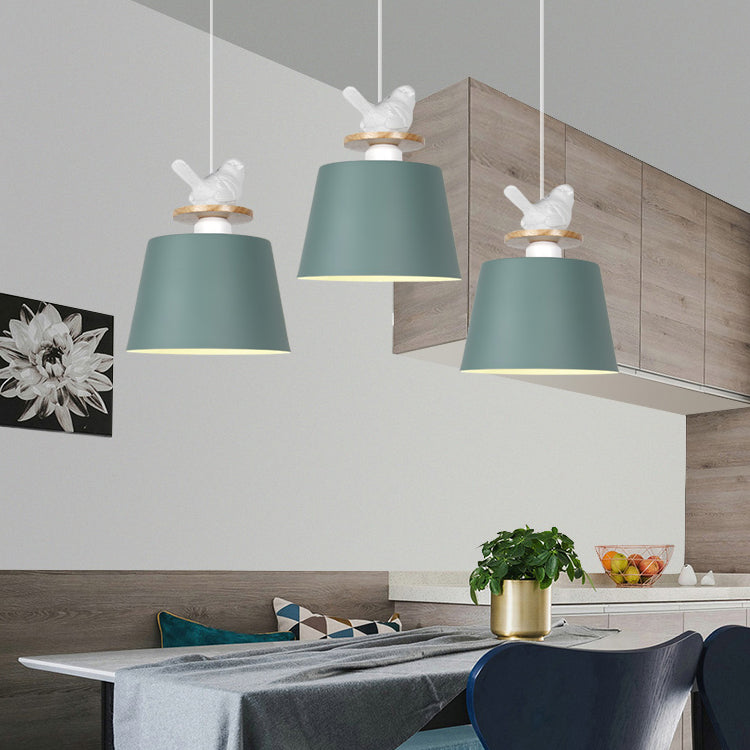 Macaron Pendant Light with Bird Deco for Kid's Bedroom - Aluminum Shade, 1 Bulb Hanging Lamp