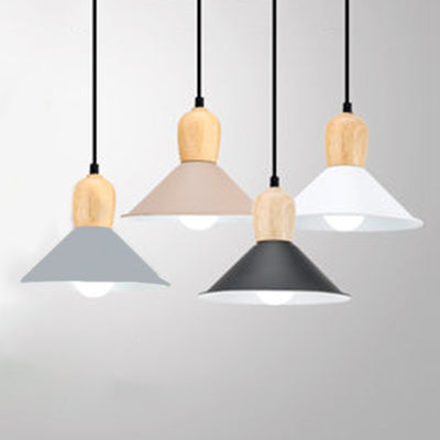 Nordic Style Metal Cone Pendant Light with Wooden Bulb Base for Office - 1 Head Hanging Light