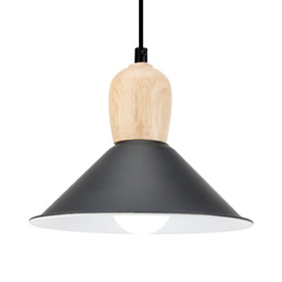 Metal Cone Pendant Light With Wooden Bulb Base - Nordic Style 1 Head Hanging For Office Black