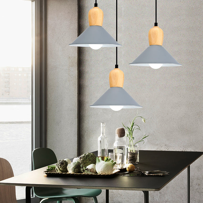 Metal Cone Pendant Light With Wooden Bulb Base - Nordic Style 1 Head Hanging For Office