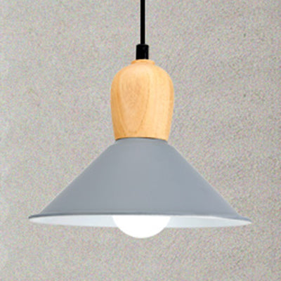 Metal Cone Pendant Light With Wooden Bulb Base - Nordic Style 1 Head Hanging For Office Grey