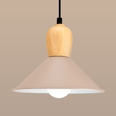 Metal Cone Pendant Light With Wooden Bulb Base - Nordic Style 1 Head Hanging For Office Coffee