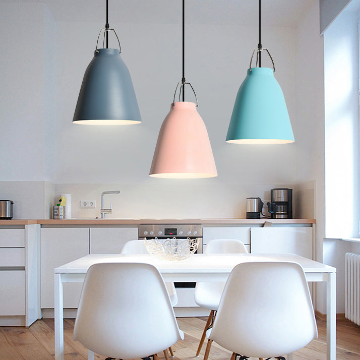 Macaron Aluminum Pendant Light - Candy Colored Bucket Hanging In Dark Blue/Light Blue/Pink For