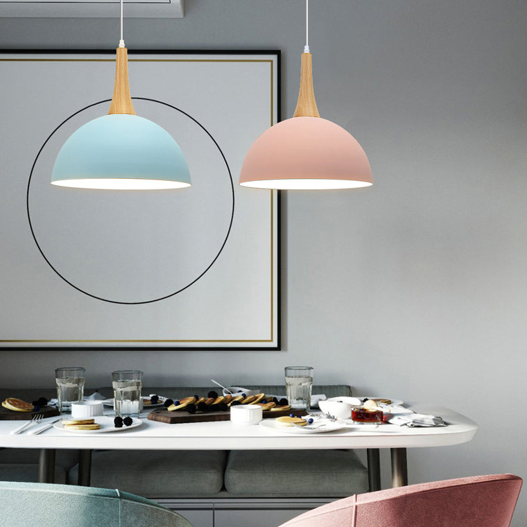 Macaron Hanging Lamp - Single Bulb Aluminum Pendant Light for Living Room - Bowl Shade Design in Dark Blue, Light Blue, and Pink