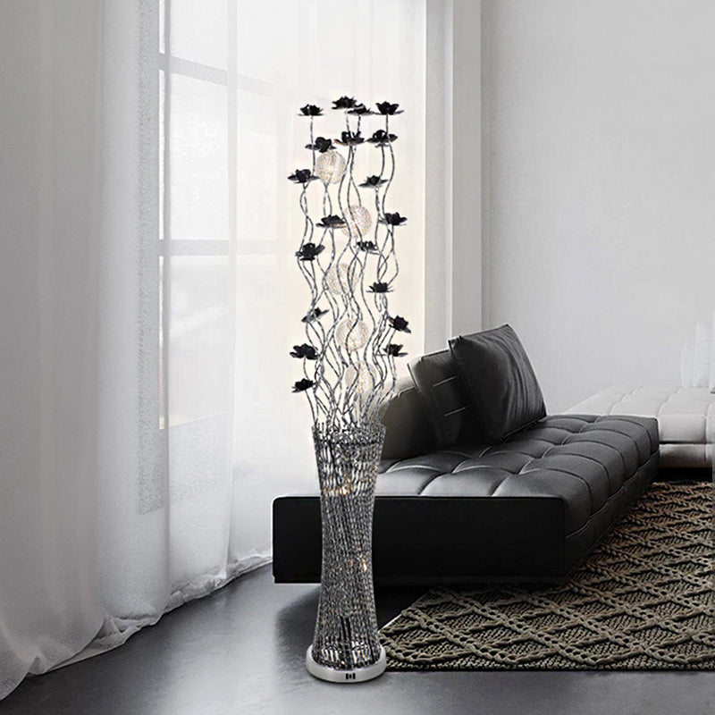 Stylish Led Floor Lamp With Black-Silver Finish Aluminum Tree-Like Design And Tower Shape Base