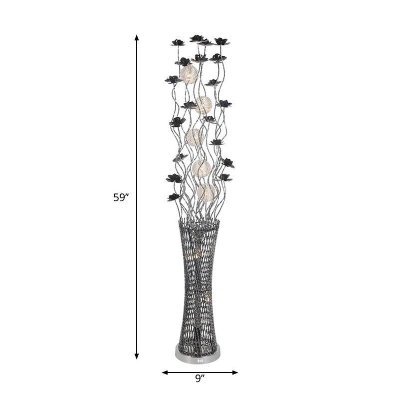 Stylish Led Floor Lamp With Black-Silver Finish Aluminum Tree-Like Design And Tower Shape Base