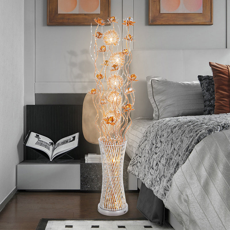 Gold Floral Led Floor Lamp - Aluminum Cylinder Art Decor With White/Warm Light / White