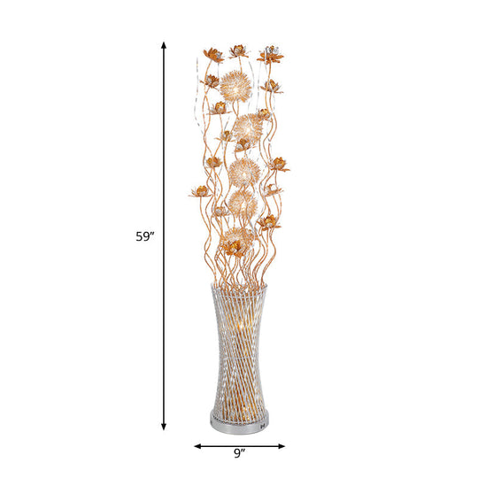 Gold Floral Led Floor Lamp - Aluminum Cylinder Art Decor With White/Warm Light